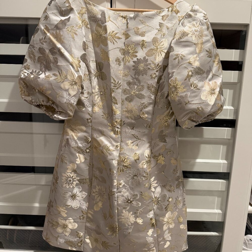 Mac Duggal White and Gold Floral Puff Sleeve Mini Dress - Picture 12 of 14